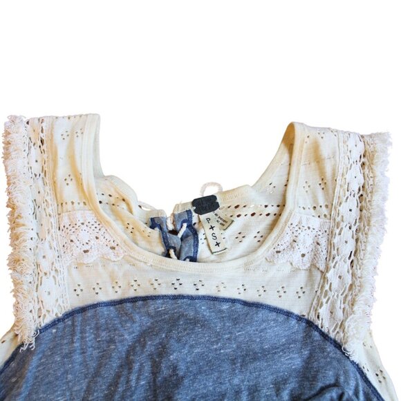Free People Crochet Lace Shark Bite Tee Flowy Tunic Western Boho Tank Top - Picture 7 of 10